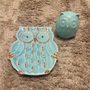 Teal glass owl plate (decorative) and Teal glass owl bank